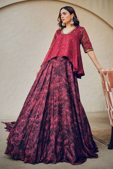 Koswi_Magenta Viscose Sequins, Zari V-neck Abstract Floral Tunic And Lehenga Set _Online_at_Aza_Fashions