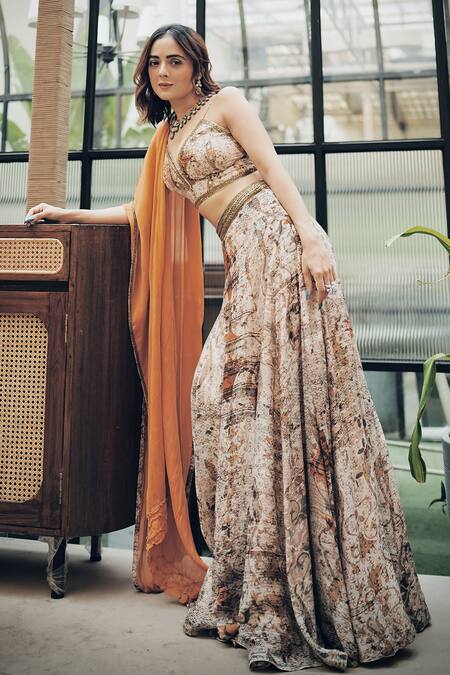 Koswi_Brown Viscose Embroidery, Gota Patti, Zari Abstract Floral Print Lehenga Set _Online_at_Aza_Fashions