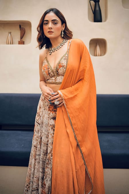 Buy_Koswi_Brown Viscose Embroidery, Gota Patti, Zari Abstract Floral Print Lehenga Set _Online_at_Aza_Fashions