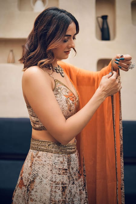 Shop_Koswi_Brown Viscose Embroidery, Gota Patti, Zari Abstract Floral Print Lehenga Set _Online_at_Aza_Fashions