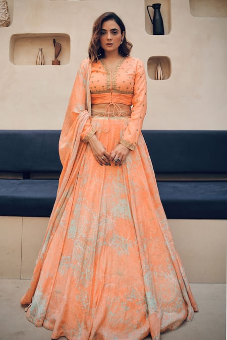 Koswi Abstract Floral Peach Lehenga Set 