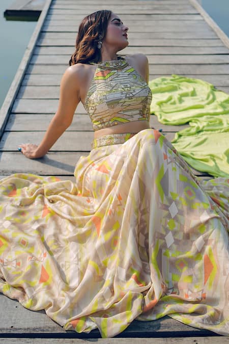 Koswi_Green Viscose Zari, Beads, Gota Patti Halter Neck Geometric Print Lehenga Set _Online_at_Aza_Fashions