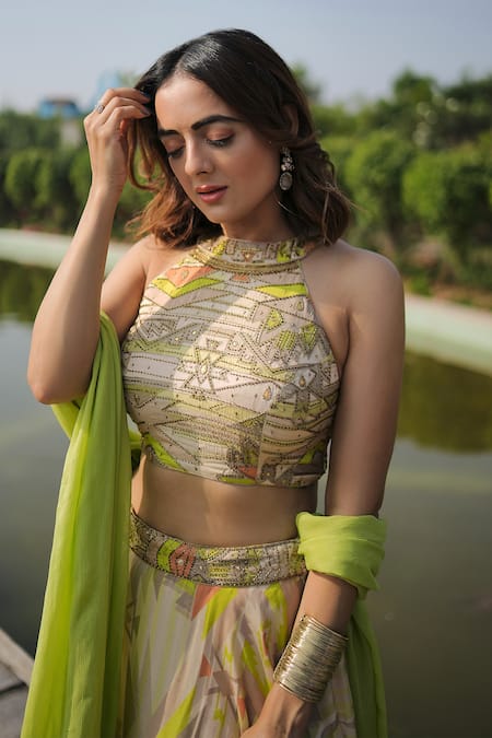 Buy_Koswi_Green Viscose Zari, Beads, Gota Patti Halter Neck Geometric Print Lehenga Set _Online_at_Aza_Fashions