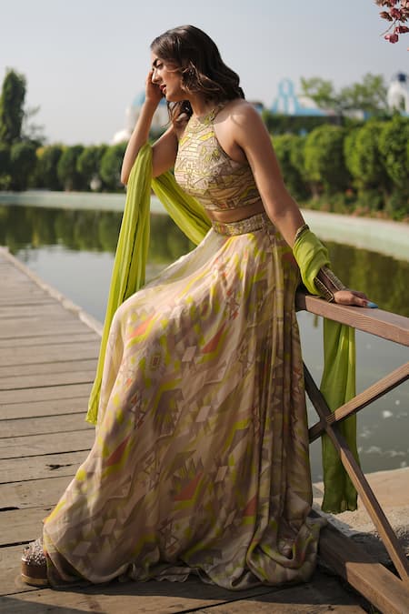 Koswi_Green Viscose Zari, Beads, Gota Patti Halter Neck Geometric Print Lehenga Set _at_Aza_Fashions