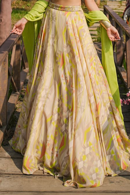 Koswi_Green Viscose Gota Patti, Beads, Zari Plunge Neck Geometric Print Lehenga Set _Online_at_Aza_Fashions