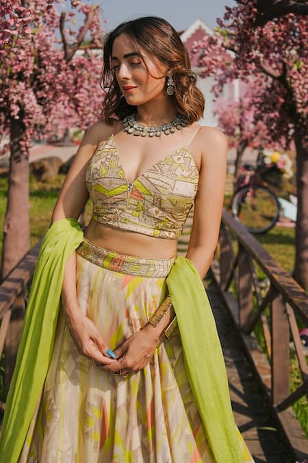 Shop_Koswi_Green Viscose Gota Patti, Beads, Zari Plunge Neck Geometric Print Lehenga Set _Online_at_Aza_Fashions