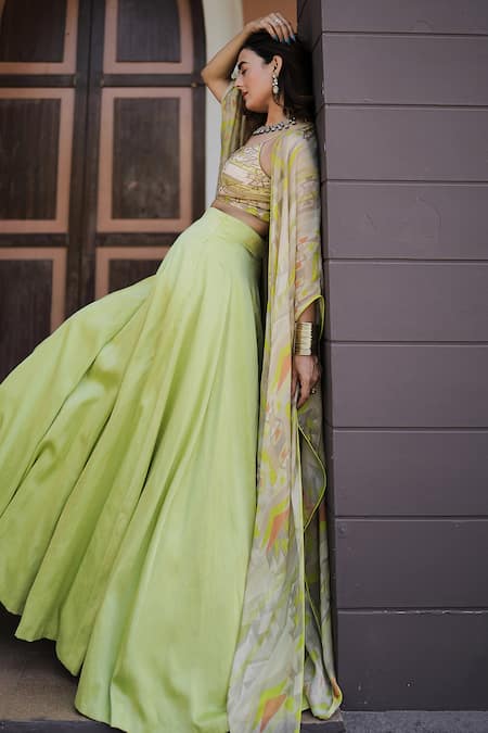 Shop_Koswi_Green Viscose Beads, Gota Patti, Embroidery Geometric Print Cape Lehenga Set _Online_at_Aza_Fashions