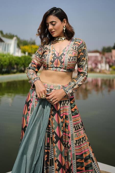 Shop_Koswi_Multi Color Viscose Beads, Gota Geometric Print Thigh Slit Lehenga Set _Online_at_Aza_Fashions