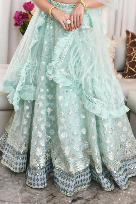 Buy_Ronak And Shruti_Blue Organza, Net Embroidery, Cut Work, Foil Printing, Mint Lotus Lehenga Set _Online_at_Aza_Fashions