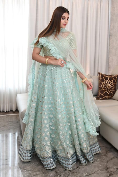 Shop_Ronak And Shruti_Blue Organza, Net Embroidery, Cut Work, Foil Printing, Mint Lotus Lehenga Set _Online_at_Aza_Fashions
