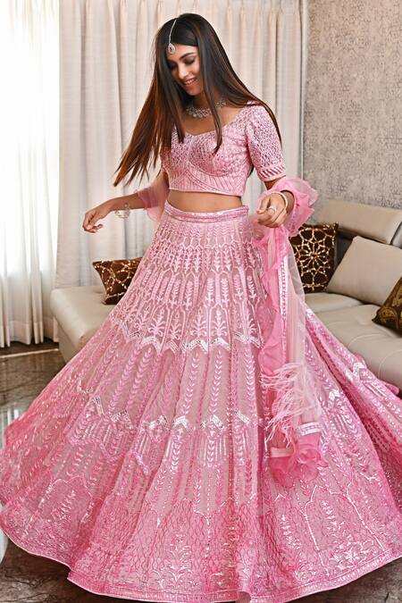 Ronak And Shruti_Pink Organza, Net Cut Work, Sequins, Feathers, Ombre Embroidered Lehenga Set _Online_at_Aza_Fashions
