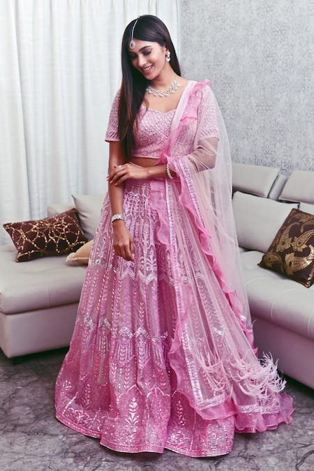Shop_Ronak And Shruti_Pink Organza, Net Cut Work, Sequins, Feathers, Ombre Embroidered Lehenga Set _Online_at_Aza_Fashions