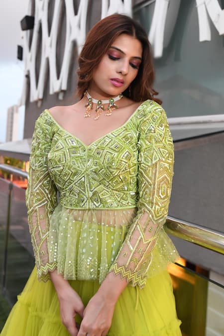 Ronak And Shruti Parrot Green Tiered Lehenga Peplum Set 