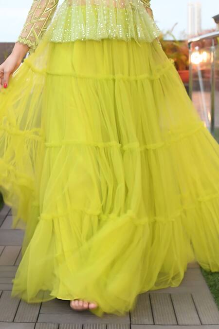 Buy_Ronak And Shruti_Green Net Sequins, Cut Work Polo Collar Parrot Tiered Lehenga Peplum Set 