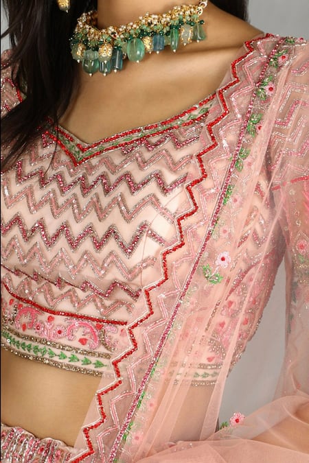 Ronak And Shruti_Pink Net, Crepe Cut Work, Stones Round Floral Embroidered Bridal Lehenga Set _Online_at_Aza_Fashions