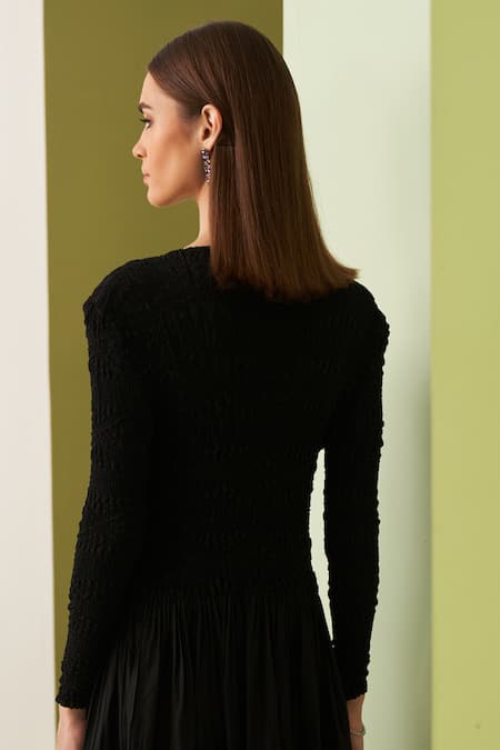 Pleats By Aruni_Black Crepe Round Neck Crushed Yoke Midi Dress _Online_at_Aza_Fashions