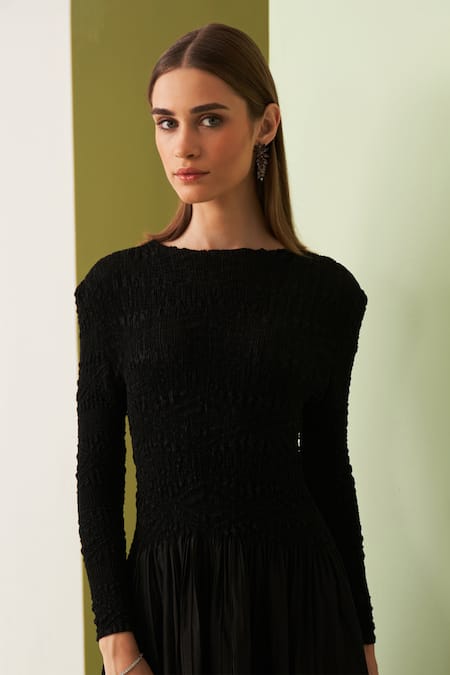 Buy_Pleats By Aruni_Black Crepe Round Neck Crushed Yoke Midi Dress _Online_at_Aza_Fashions