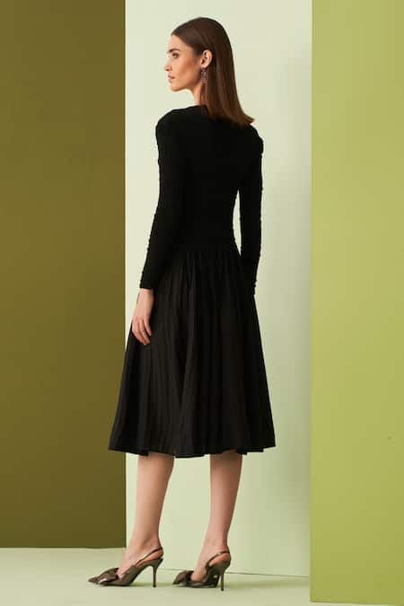 Pleats By Aruni Crushed Yoke Black Midi Dress 