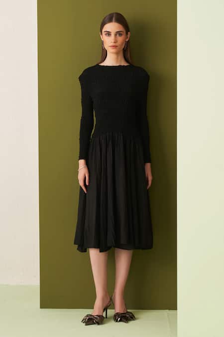 Shop_Pleats By Aruni_Black Crepe Round Neck Crushed Yoke Midi Dress _Online_at_Aza_Fashions