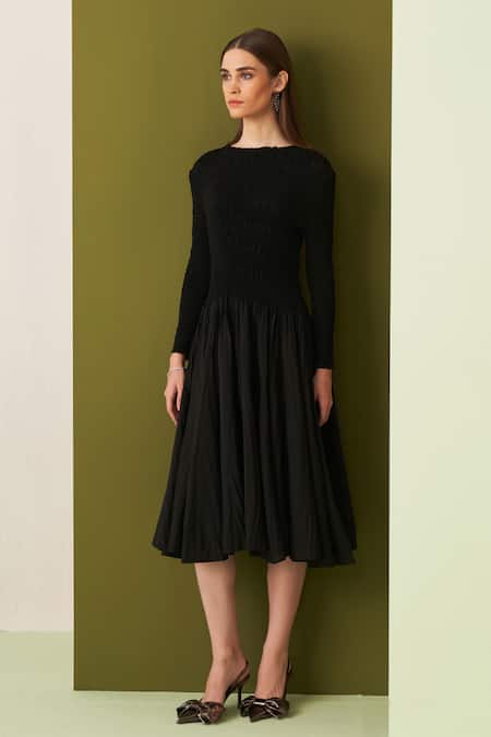 Pleats By Aruni_Black Crepe Round Neck Crushed Yoke Midi Dress _at_Aza_Fashions