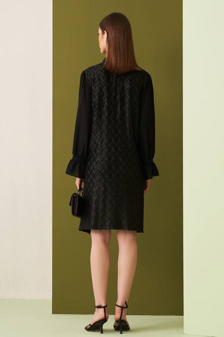 Shop Pleats By Aruni Black Crepe, Satin Embroidery Open Neck Chevron Pleat Tie Up Detail Dress at Aza Fashions Shop_Pleats By Aruni_Black Crepe, Satin Embroidery Open Neck Chevron Pleat Tie Up Detail Dress _at_Aza_Fashions