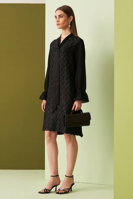 Pleats By Aruni Black Crepe, Satin Embroidery Open Neck Chevron Pleat Tie Up Detail Dress Online at Aza Fashions Pleats By Aruni_Black Crepe, Satin Embroidery Open Neck Chevron Pleat Tie Up Detail Dress _Online_at_Aza_Fashions