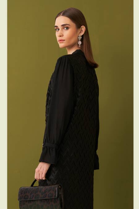 Shop Pleats By Aruni Black Crepe, Satin Embroidery Open Neck Chevron Pleat Tie Up Detail Dress Online at Aza Fashions Shop_Pleats By Aruni_Black Crepe, Satin Embroidery Open Neck Chevron Pleat Tie Up Detail Dress _Online_at_Aza_Fashions