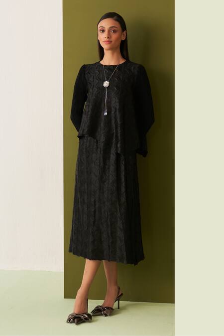 Pleats By Aruni Black Crepe, Satin Round Neck Textured Top And Skirt Set Online at Aza Fashions Pleats By Aruni_Black Crepe, Satin Round Neck Textured Top And Skirt Set _Online_at_Aza_Fashions