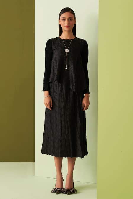 Buy Pleats By Aruni Black Crepe, Satin Round Neck Textured Top And Skirt Set Online at Aza Fashions Buy_Pleats By Aruni_Black Crepe, Satin Round Neck Textured Top And Skirt Set _Online_at_Aza_Fashions