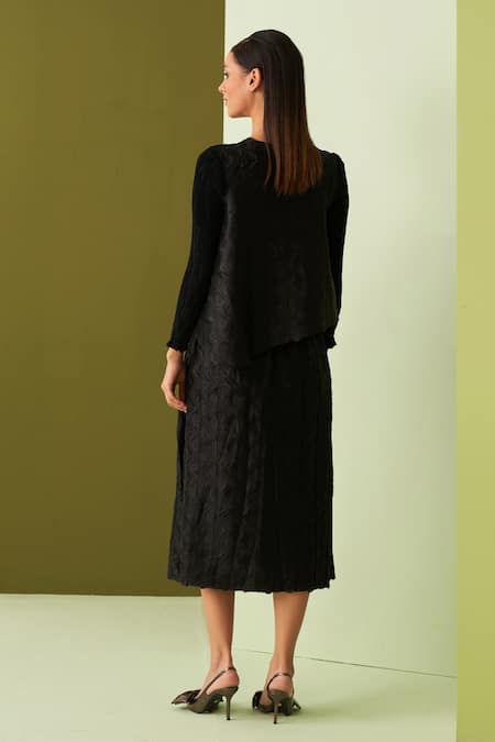 Shop Pleats By Aruni Black Crepe, Satin Round Neck Textured Top And Skirt Set at Aza Fashions Shop_Pleats By Aruni_Black Crepe, Satin Round Neck Textured Top And Skirt Set _at_Aza_Fashions