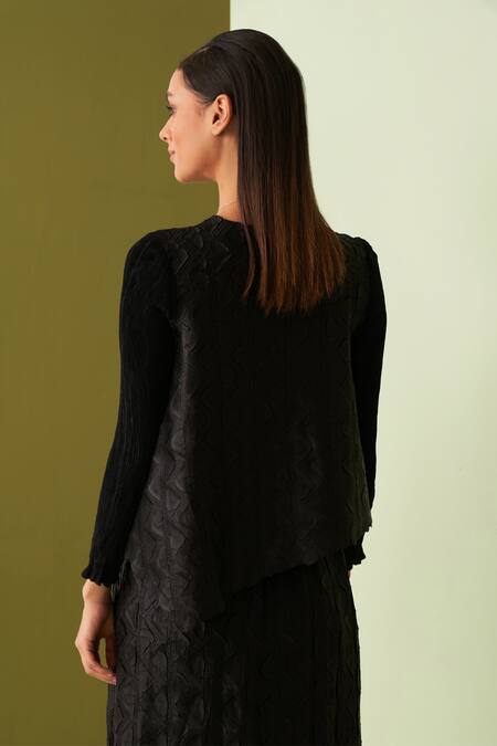 Shop Pleats By Aruni Black Crepe, Satin Round Neck Textured Top And Skirt Set Online at Aza Fashions Shop_Pleats By Aruni_Black Crepe, Satin Round Neck Textured Top And Skirt Set _Online_at_Aza_Fashions