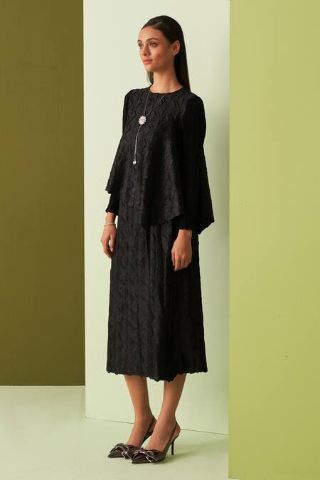 Buy Pleats By Aruni Black Crepe, Satin Round Neck Textured Top And Skirt Set Buy_Pleats By Aruni_Black Crepe, Satin Round Neck Textured Top And Skirt Set
