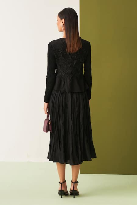 Pleats By Aruni Crinkled Black Top & Skirt Set 
