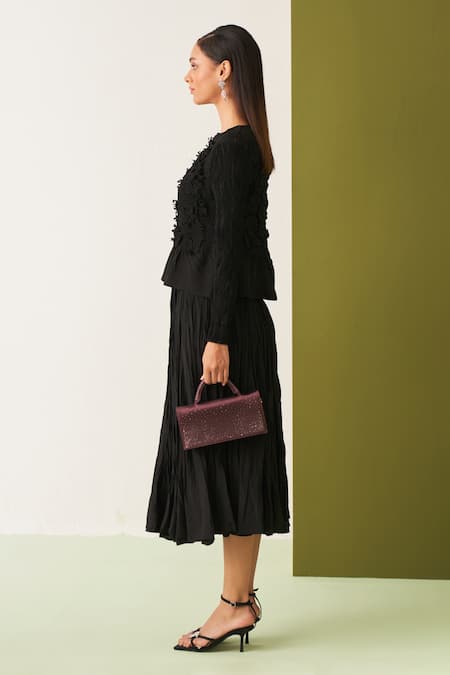 Pleats By Aruni_Black Crepe Embroidery Round Neck Crinkled Top And Skirt Set _Online_at_Aza_Fashions