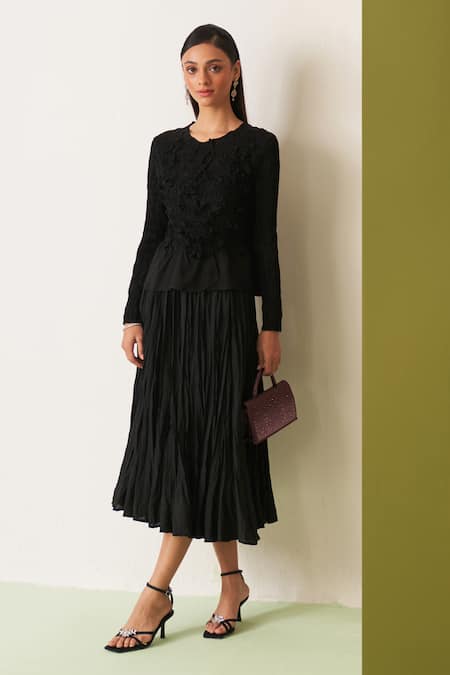 Buy_Pleats By Aruni_Black Crepe Embroidery Round Neck Crinkled Top And Skirt Set _Online_at_Aza_Fashions