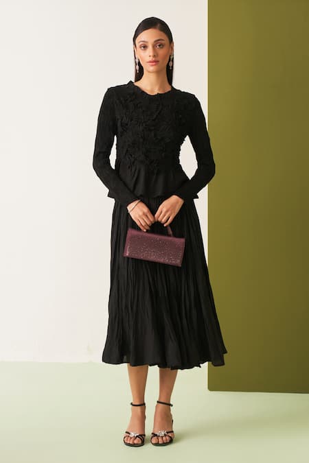 Shop_Pleats By Aruni_Black Crepe Embroidery Round Neck Crinkled Top And Skirt Set _Online_at_Aza_Fashions