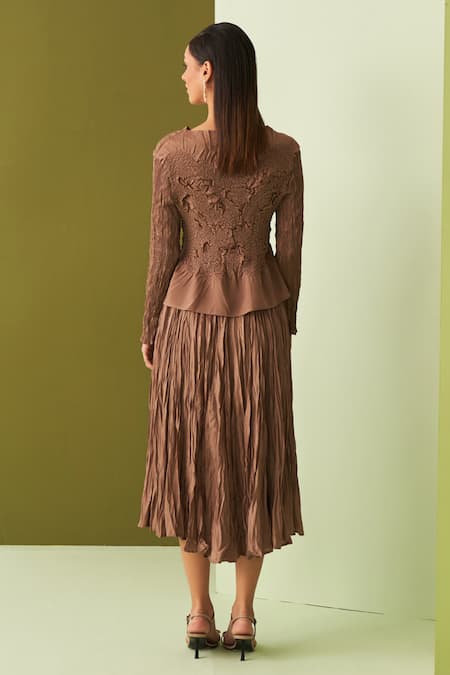 Shop_Pleats By Aruni_Brown Crepe Embroidery Round Neck Textured Top And Skirt Set _at_Aza_Fashions