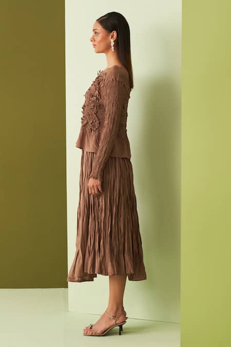 Shop_Pleats By Aruni_Brown Crepe Embroidery Round Neck Textured Top And Skirt Set _Online_at_Aza_Fashions