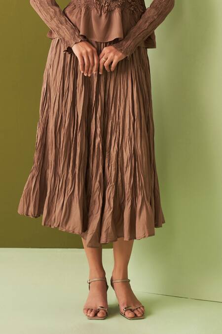 Pleats By Aruni_Brown Crepe Embroidery Round Neck Textured Top And Skirt Set _at_Aza_Fashions