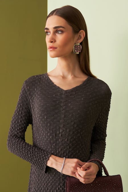 Pleats By Aruni Gray Crepe Round Neck Crushed Yoke Grey Midi Dress Online at Aza Fashions Pleats By Aruni_Gray Crepe Round Neck Crushed Yoke Grey Midi Dress _Online_at_Aza_Fashions