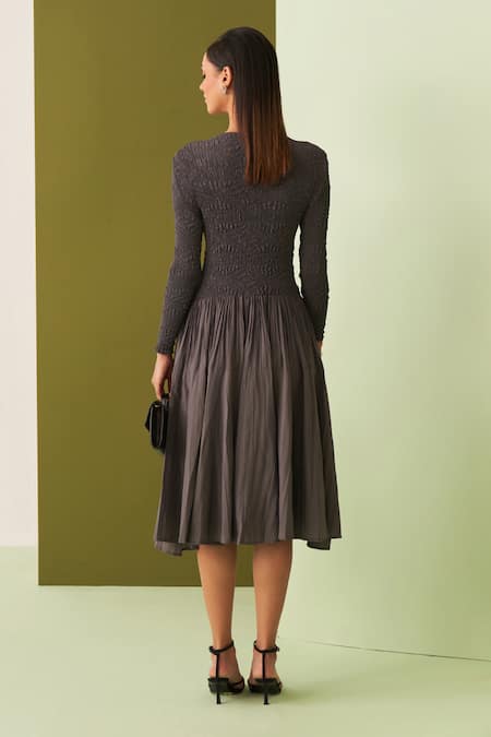 Pleats By Aruni Crushed Yoke Grey Midi Dress 