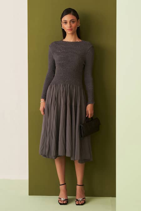 Buy Pleats By Aruni Gray Crepe Round Neck Crushed Yoke Grey Midi Dress Online at Aza Fashions Buy_Pleats By Aruni_Gray Crepe Round Neck Crushed Yoke Grey Midi Dress _Online_at_Aza_Fashions