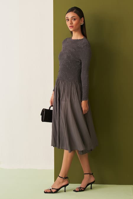 Shop Pleats By Aruni Gray Crepe Round Neck Crushed Yoke Grey Midi Dress Online at Aza Fashions Shop_Pleats By Aruni_Gray Crepe Round Neck Crushed Yoke Grey Midi Dress _Online_at_Aza_Fashions