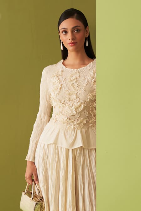 Buy_Pleats By Aruni_Ivory Crepe Round Neck Textured Top And Skirt Set _Online_at_Aza_Fashions