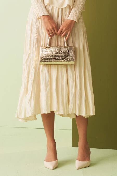 Shop_Pleats By Aruni_Ivory Crepe Round Neck Textured Top And Skirt Set _Online_at_Aza_Fashions