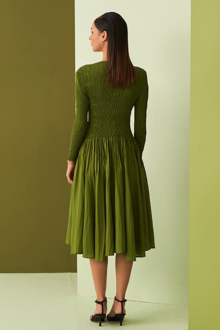 Pleats By Aruni Lime Green Crushed Yoke Midi Dress 
