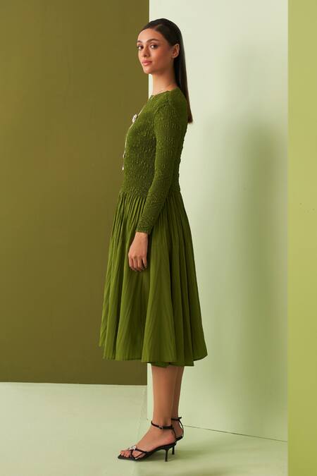 Buy Pleats By Aruni Green Crepe Round Neck Lime Crushed Yoke Midi Dress Online at Aza Fashions Buy_Pleats By Aruni_Green Crepe Round Neck Lime Crushed Yoke Midi Dress _Online_at_Aza_Fashions