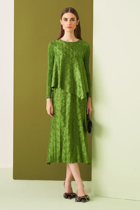 Pleats By Aruni_Green Crepe, Satin Round Neck Textured Top And Skirt Set _Online_at_Aza_Fashions