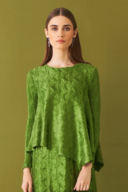 Buy_Pleats By Aruni_Green Crepe, Satin Round Neck Textured Top And Skirt Set _Online_at_Aza_Fashions