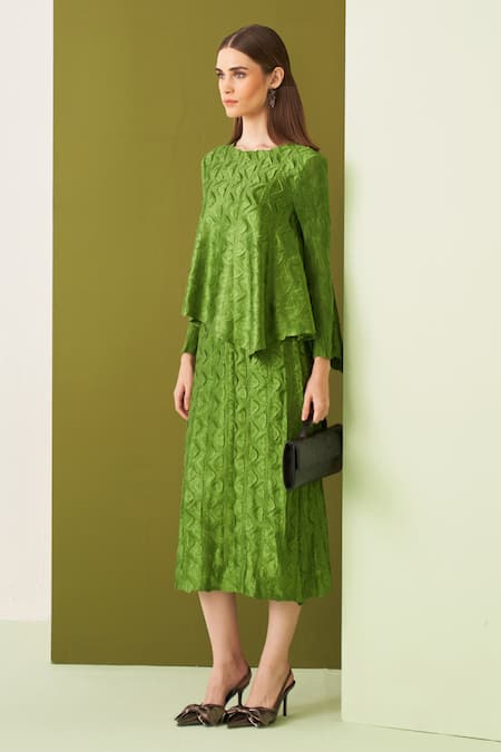 Shop_Pleats By Aruni_Green Crepe, Satin Round Neck Textured Top And Skirt Set _Online_at_Aza_Fashions